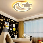 Lustra LED Nova cu Telecomanda, 89W, Dimabil, Forma Luna si Stea, Alb