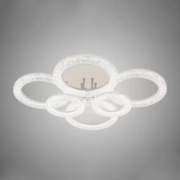 Lustra LED cu telecomanda si cristal ABHAYA, 84W, 6 Cercuri, lumina Rece/Calda/Neutra, Dimabila, Alb