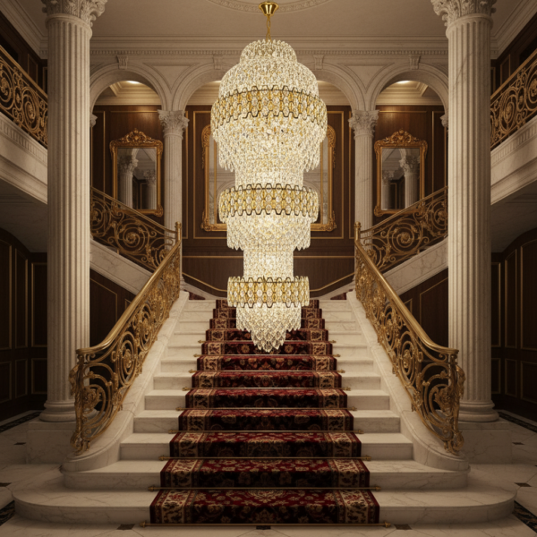 Candelabru Cristal TRIO Magno 49xE14, Diametru 65cm, Inaltime 200cm, Auriu Lucios, Inaltime Reglabila, Design Elegant