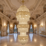 Candelabru Cristal TRIO Magno 49xE14, Diametru 65cm, Inaltime 200cm, Auriu Lucios, Inaltime Reglabila, Design Elegant - imagine 3